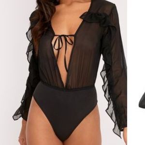 Lucinka Black Woven Ruffle Sleeve Thong Bodysuit